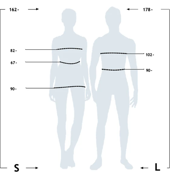 Diagram with two figures: size S – height 162 cm, chest 82 cm, waist 67 cm, hips 90 cm; size L – height 178 cm, chest 102 cm, waist 90 cm